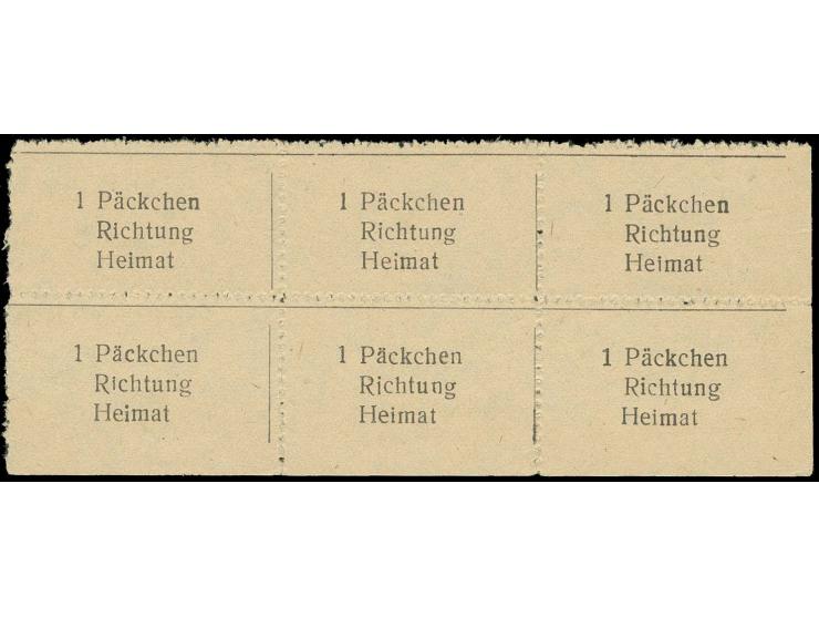 Krim-Päckchenmarke im waagerechten 6er-Block aus der rechten unteren Bogenecke; die linke untere Marke senkrecht stärker ange