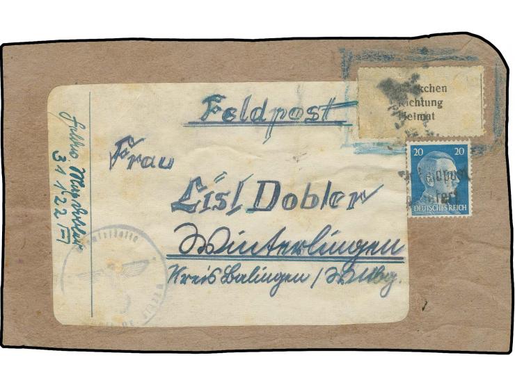 Krim-Päckchenmarke in Type I zusammen mit Freimarke 20 Pfg. mit Päckchenstempel "Bei der Feldpost eingeliefert" auf Päckchena