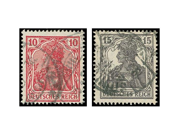 Britische Fälschungen für Deutschland: 1917, Germania 10 und 15 Pfg., gestempelt, Kabinett, je mit Fotobefund Weinbuch BPP (M