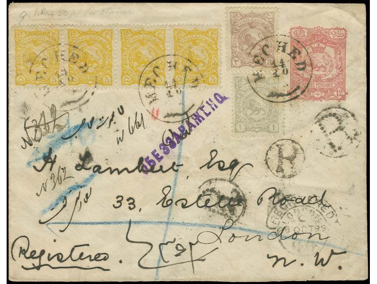 1899, issue on greenish paper 1 ch., 3 ch. and 5 ch. in strip of 4, tied by Meched cds. to postal stationery envelope 12 ch. 