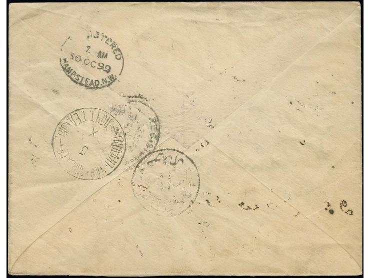 1899, issue on greenish paper 1 ch., 3 ch. and 5 ch. in strip of 4, tied by Meched cds. to postal stationery envelope 12 ch. 