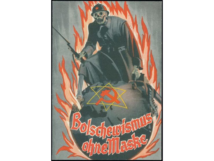 Propagandakarte "Bolschewismus ohne Maske" mit Sonderstempeln "Grosse Antibolschewistische Ausstellung Wien 1939"