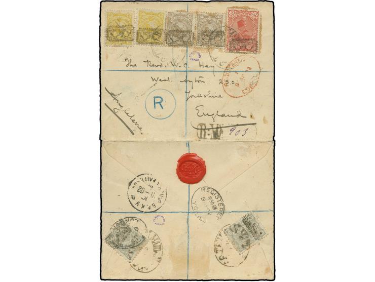 1 ch., 2 ch. and 5 ch., 2 copies each with 1 kr. tied by oval "TEHERAN MAIDAN " to front and reverse of opened out registered