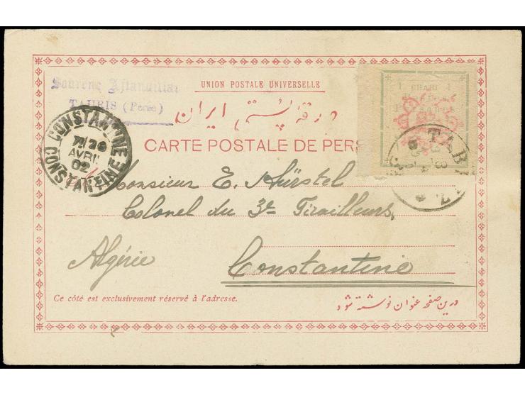 Rosette handstamp issues: Large letters: 1 ch., marginal copy tied by Tabriz cds. to postcard to Constantine, Algeria with ar
