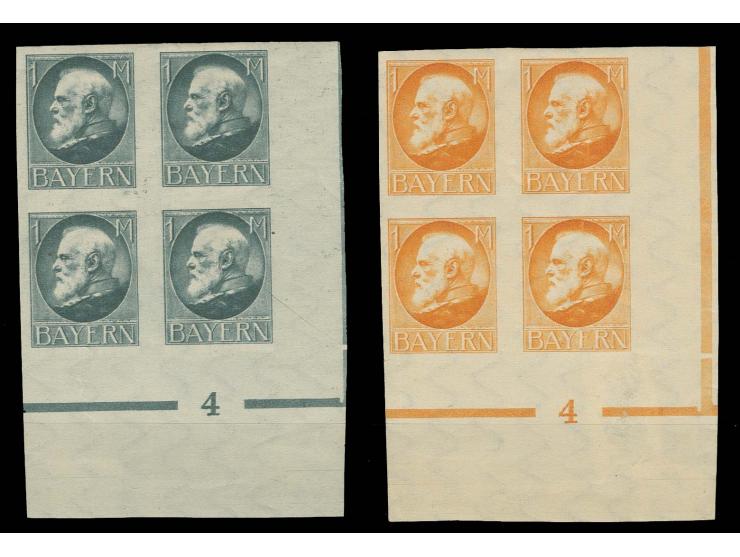 1914, Probedrucke Ludwig 1 M. geschnitten graublau bzw. gelborange, je im Viererblock aus der rechten unteren Bogenecke mit P