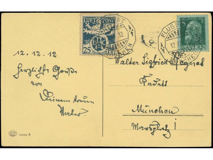 1912, 25 Pfg. mit Stempel "MÜNCHEN FLUGPOST 12.12.12." auf Datums-Sonderkarte mit Zufrankatur Luitpold 5 Pfg., Zähnung minima