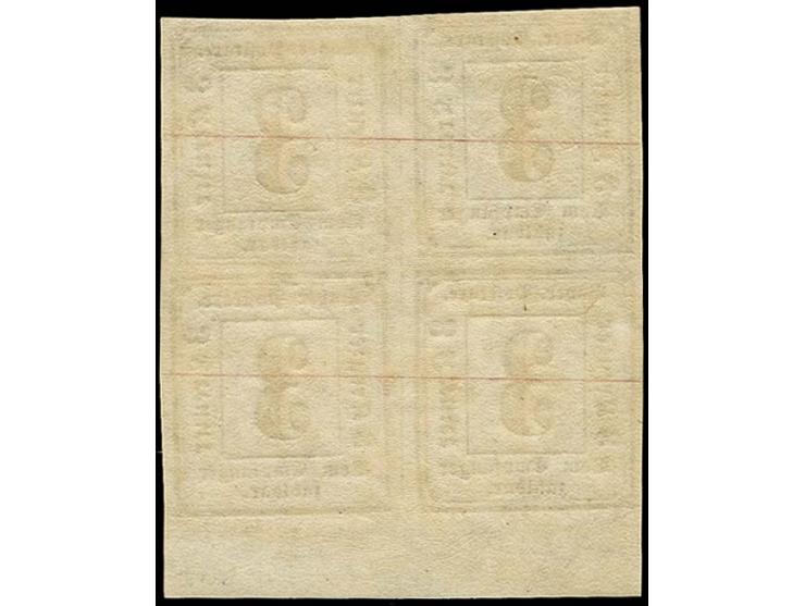 1862, 3 Kr. schwarz, 4er-Block, voll- bis breitrandig, ca. 7 mm unterer Bogenrand, ungebraucht, die beiden unteren Marken pos