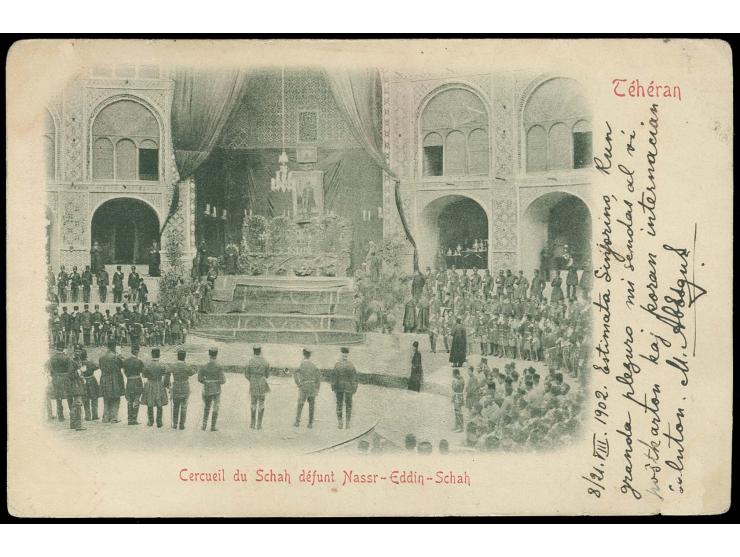 3 ch. and vertical 1 ch. tied by cds. "TEHERAN.DEPART" to postcard via Baku to France
