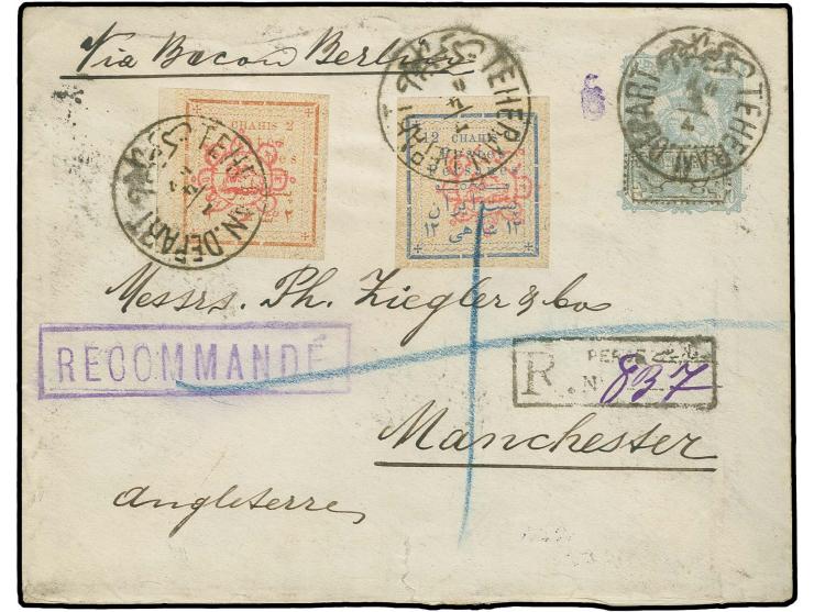 12 ch. and 2 ch. tied by Teheran cds. to postal stationery envelope Provisoire 1319, 10 ch. as registered letter to England w
