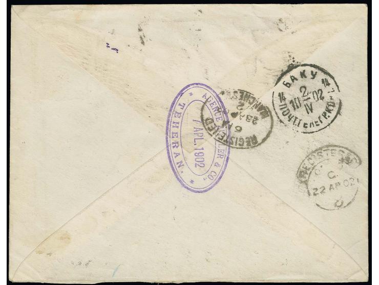 12 ch. and 2 ch. tied by Teheran cds. to postal stationery envelope Provisoire 1319, 10 ch. as registered letter to England w