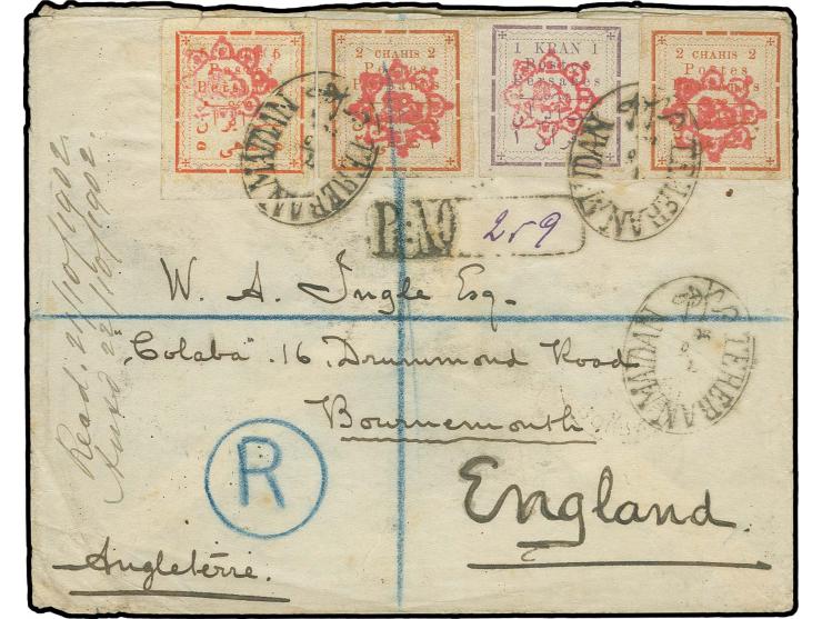 1 kr., 2 ch. (3) and 5 ch. (2) tied by oval "TEHERAN MAIDAN" to front and reverse of registered envelope via Baku to England,