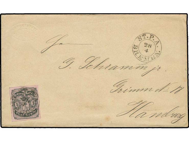 1856, 5 Grote geschnitten, farbfrisch und allseits breitrandig mit DKr. "BREMEN ST.P.A. 28/4" auf Couvert nach Hamburg, minim