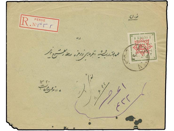 2 kr. tied by Kazvin cds. to registered envelope to Teheran with arrival mark; the envelope rounded corner at lower left, oth