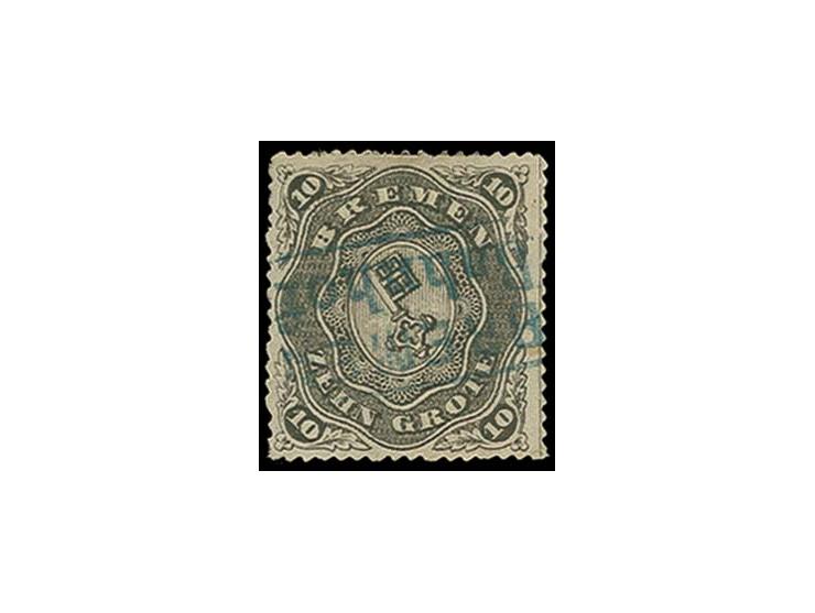 1863, 10 Grote schwarz, Durchstich D1I mit sauber aufgesetztem blauem Ra2 "BREMEN Bahnhof"; rückseitig oben rechts minimal fa
