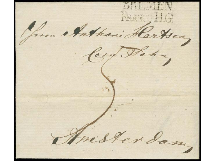 STEMPEL: "BREMEN / FRANCO H.G.", L2 sauber, aber oben nicht ganz vollständig abgeschlagen auf kpl. Faltbrief 1814 von Bremen 