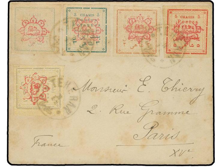 Small letters: 1 ch. in combination with large letters 1 ch., 2 ch., 3 ch. and 5 ch. tied by Teheran cds. to envelope to Pari