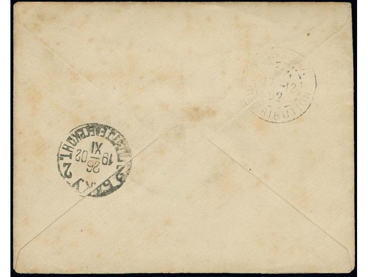 Small letters: 1 ch. in combination with large letters 1 ch., 2 ch., 3 ch. and 5 ch. tied by Teheran cds. to envelope to Pari