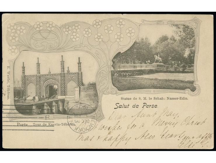 5 ch. tied by Teheran cds. to picture postcard to the US with adjacent transit mark of Baku