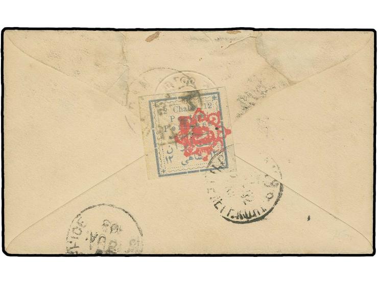 12 ch. tied by Teheran cds. to reverse of small envelope to Bombay with transit and (part) arrival marks