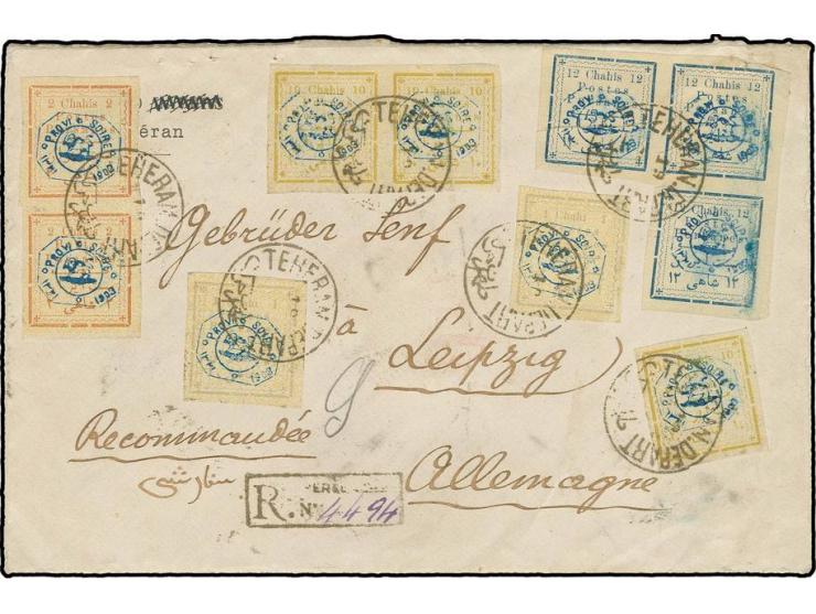 1903, Provisoire 1 ch., 2 copies with pair 2 ch., pair and single 10 ch. and block of three 12 ch., all tied by cds. "TEHERAN