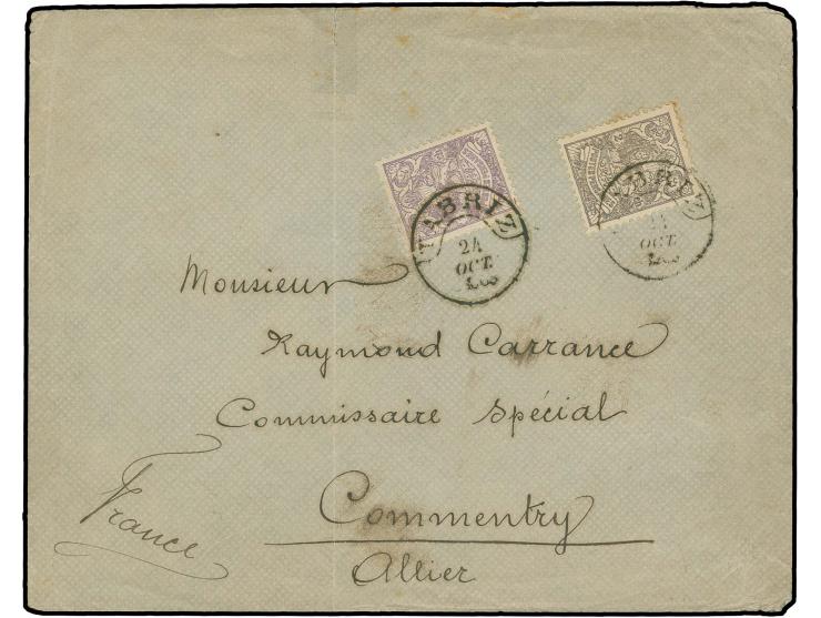 1903/04, Mozaffar-eddin portrait issue 1 ch. and 2 ch., tied by unusual type cds. "TABRIZ 24 OCT. 1903" to printed matter env