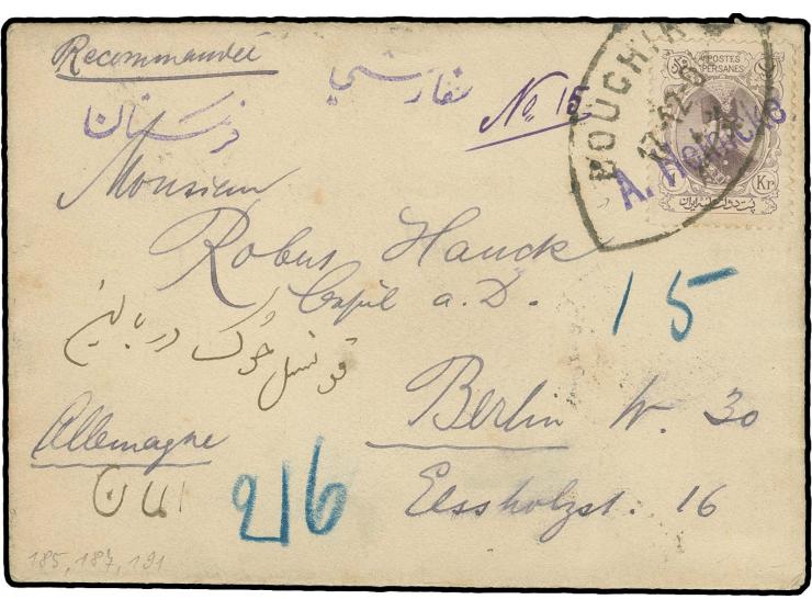 1 ch., 3 ch. and 1 kr. tied by sender's mark "A. Heinicke" and oval "BOUCHIR 17-12-04" to front and reverse of registered env