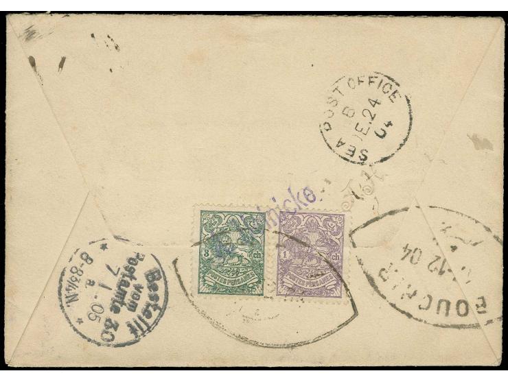 1 ch., 3 ch. and 1 kr. tied by sender's mark "A. Heinicke" and oval "BOUCHIR 17-12-04" to front and reverse of registered env