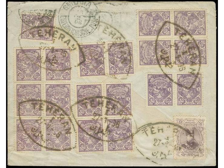 1 ch., 19 copies incl. block of 6 and two blocks of 4 with 1 kr., all tied by oval "TEHERAN 27-1-06" to reverse of registered