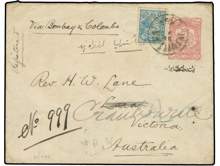 12 ch. tied by Djoulfa cds. to postal stationery envelope 12 ch. rose as registered letter via India to Australia (here re-di