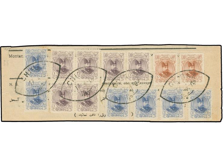 5 kr. (2) with 2 kr. in vertical pair and 4 singles, 1 kr. in pair and block of4 and 3 copies 3 ch. in combination with 1906,