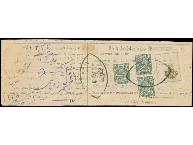 5 kr. (2) with 2 kr. in vertical pair and 4 singles, 1 kr. in pair and block of4 and 3 copies 3 ch. in combination with 1906,