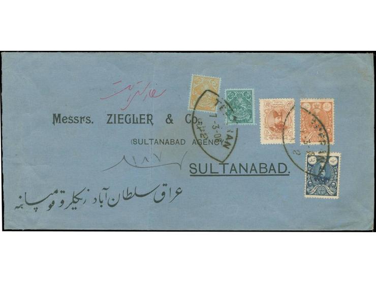5 kr. with Lion on blue paper 3 ch. and 9 ch. and 1908, 13 ch. and 26 ch. tied by Teheran oval date stamp to large-size regis