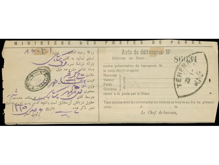 20 kr., 10 kr. and horizontal strip of five 12 ch. tied by "CHIRAZ 28-12-07" to Barnameh; a scarce high value franking in fin
