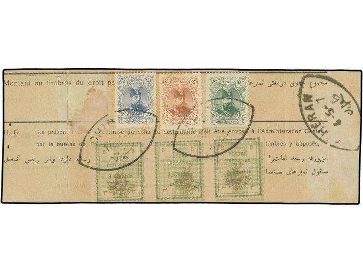 30 kr., 5 kr. and 2 kr. in combination with 1906, issue for Tabriz 3 ch. in horizontal strip of 3, tied by oval "CHIRAZ 17-4-