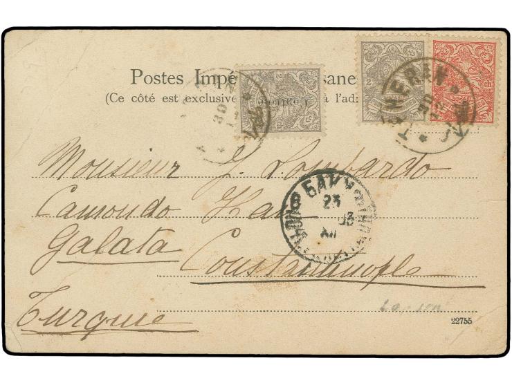 2 ch. with overprint type a, tied by Teheran cds. to postcard with 2 ch. and 5 ch. via Baku to Constantinople, slight transpo