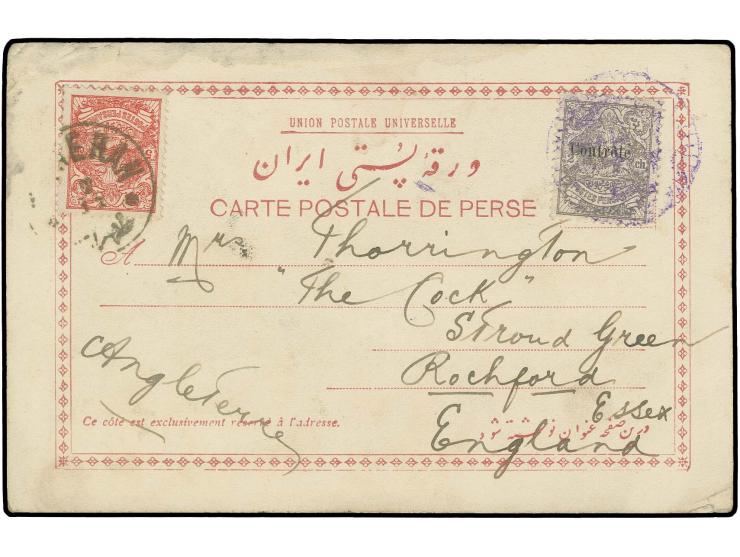 2 ch. with horizontal overprint in type a, tied by violet seal to postcard with 5 ch. from Teheran to England, slight transpo