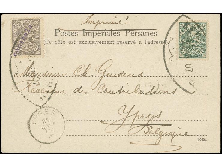 2 ch. with overprint in type c, tied by oval "KERMANCHAH 27-5-07" to picture postcard as printed matter to Belgium with arriv