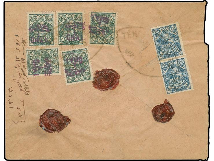1905, internal mail provisional 1 ch. on 3 ch., 5 copies with 2 copies 1903/04, 12 ch. tied by oval Teheran date stamp to rev