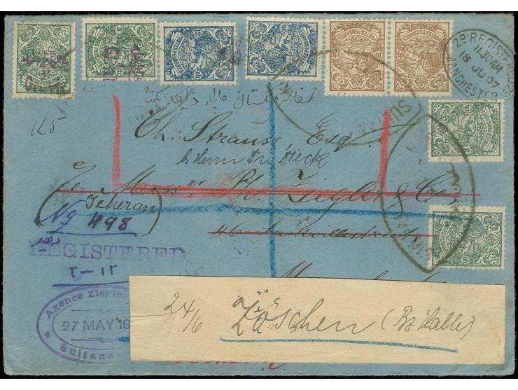 1 ch. on 3 ch., 2 copies with Lion 3 ch., 10 ch. and 12 ch. (2 each) tied by Sultanabad oval date stamp to registered envelop