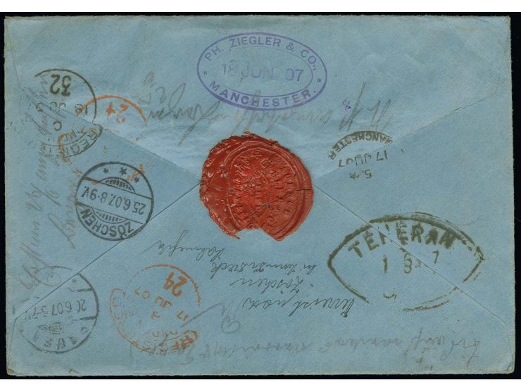 1 ch. on 3 ch., 2 copies with Lion 3 ch., 10 ch. and 12 ch. (2 each) tied by Sultanabad oval date stamp to registered envelop