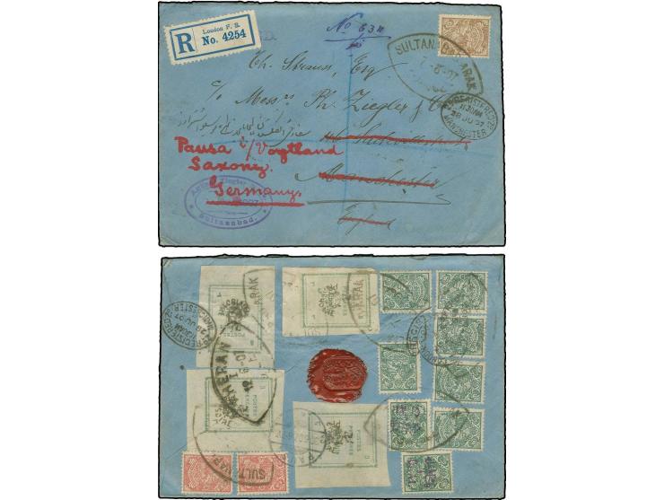 1 ch. on 3 ch., 2 copies with issue for Tabriz 3 ch. (4) and several Lion values on front and reverse of registered envelope 