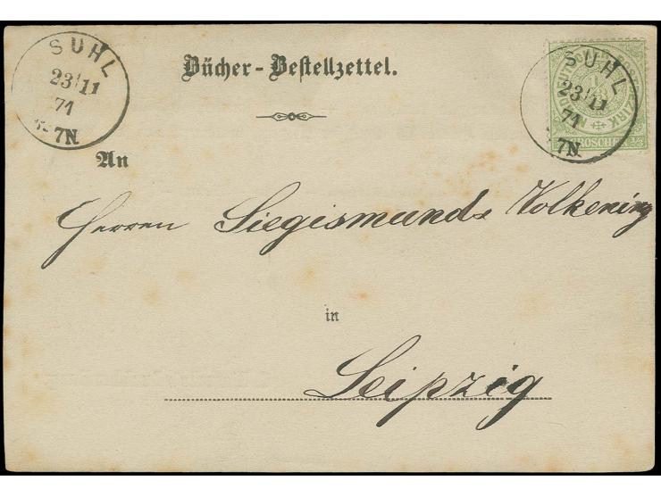 1/3 Gr. gelblichgrün mit EKr. "SUHL 23/11 71" auf Bücher-Bestellzettel nach Leipzig, leichte Alterstönungen, die Versendungsa