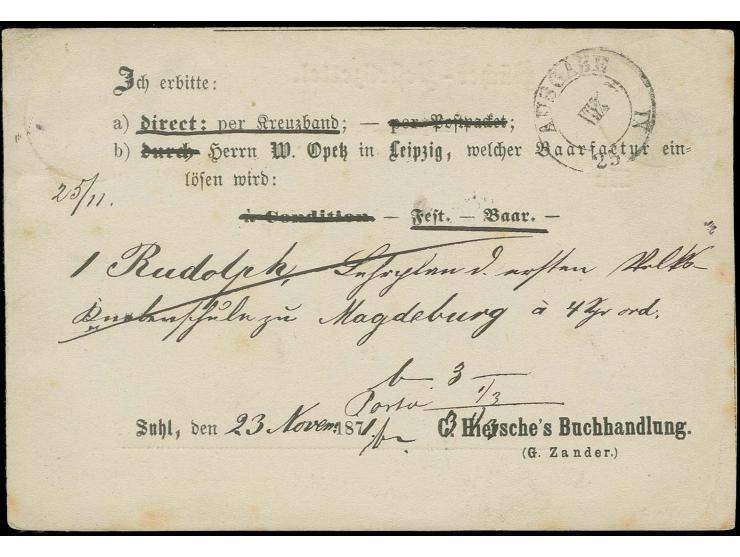 1/3 Gr. gelblichgrün mit EKr. "SUHL 23/11 71" auf Bücher-Bestellzettel nach Leipzig, leichte Alterstönungen, die Versendungsa