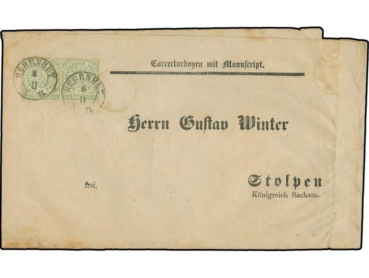 1/3 Gr. grün mit Sachsen-DKr. "STOLPEN 28 I 71" auf "Correcturbogen mit Manuscript" nach Herrenhut und gewendet zurückgesandt