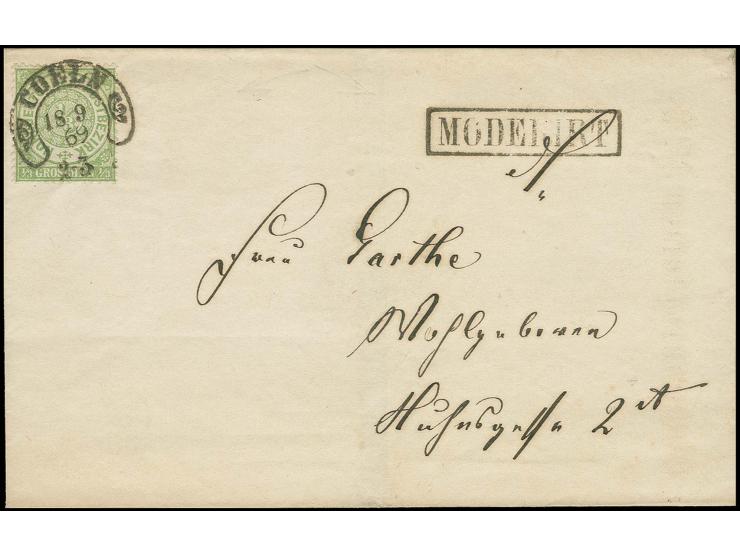 1/3 Gr. grün mit klar aufgesetztem Hufeisenstempel "COELN 18 9 69" auf Ortsbriefhülle mit klar nebengesetztem Ra. "MODERIRT",