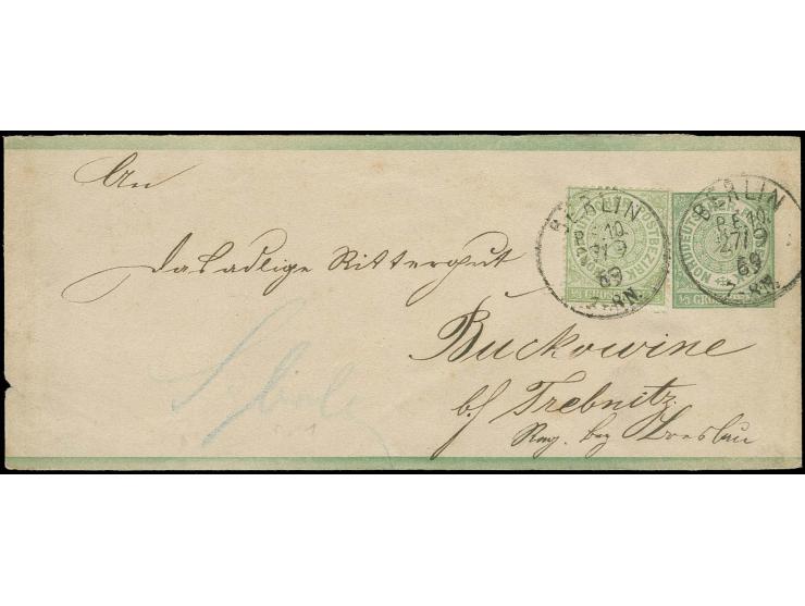 1/3 Gr. gelblichgrün als Zusatzfrankatur auf 1868, 1/3 Gr. Ganzsachen-Streifband mit EKr. "BERLIN P.E. 10. 27/9 69" nach Buck