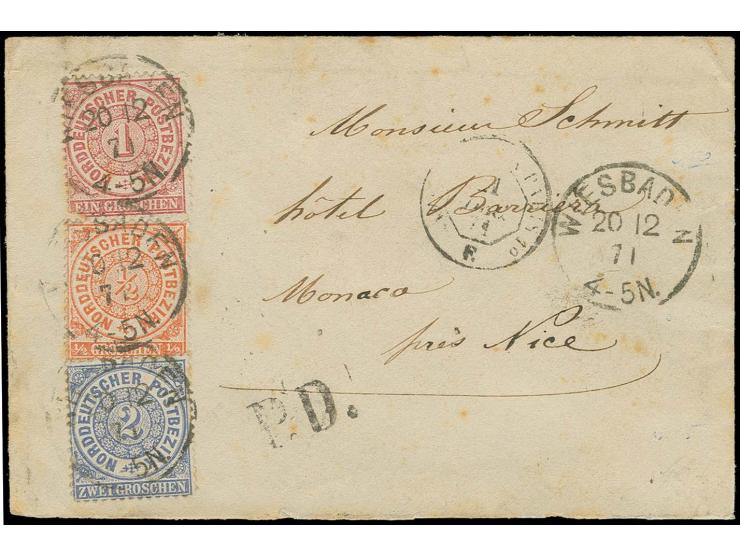 ½ Gr. orange, 1 Gr. karmin und 2 Gr. grauultramarin mit EKr. "WIESBADEN 20 12 71" auf Brief nach Monaco, Altersspuren und 1 G