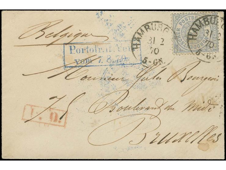 2 Gr. grauultramarin mit EKr. "HAMBURG 31 12 70" mit nebengesetztem blauem Ra2 "Portofr. lt. Verf. / vom 7.8.70" mit rückseit