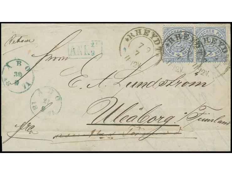 1869, 2 Gr. ultramarin im waagerechten Paar mit DKr. "RHEYDT 7 9 71" auf kpl. Faltbrief nach Uleaborg mit vorderseitig zweima