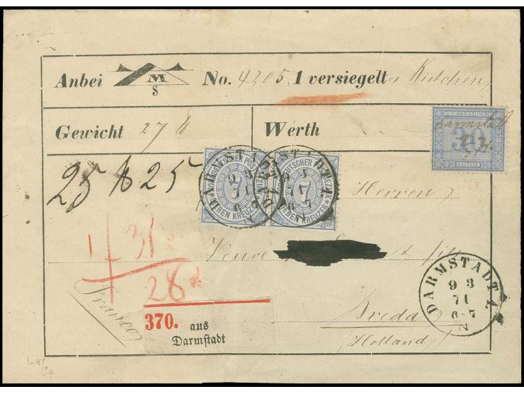 30 Gr. mit handschriftlicher Entwertung zusammen mit 7 Kr. gezähnt im waagerechten Paar auf Paketbegleitbrief (Viertelbogen) 